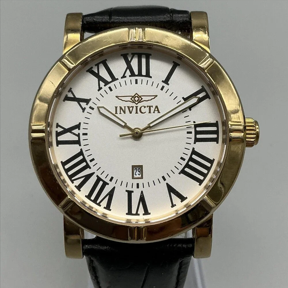 Invicta Specialty Trinity Mens Watch 42mm Gold Tone 13971 Leather New Battery